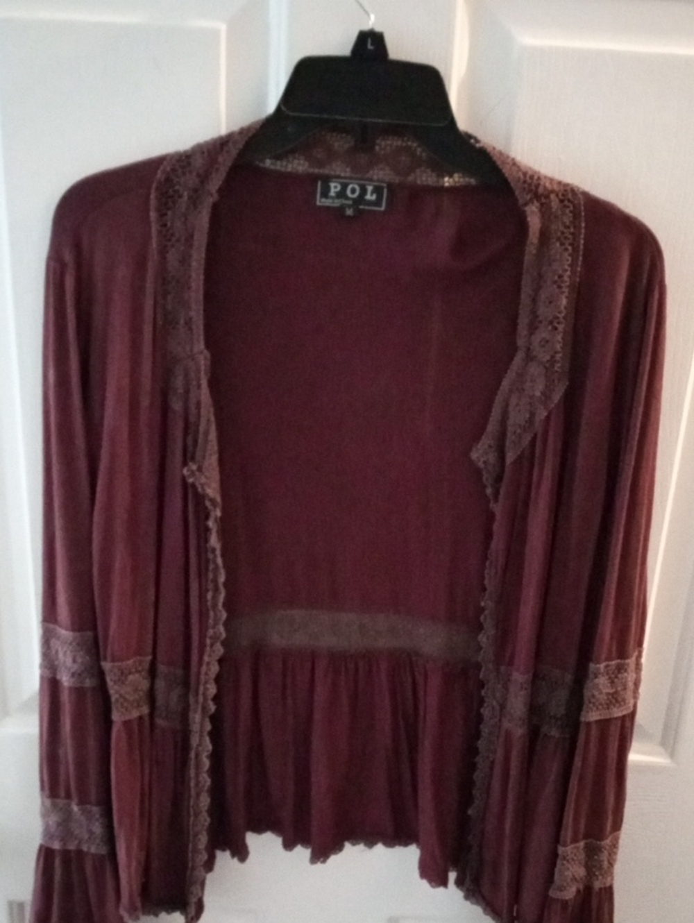 POL Wine Lace-Trim Open Front Draped Cardigan